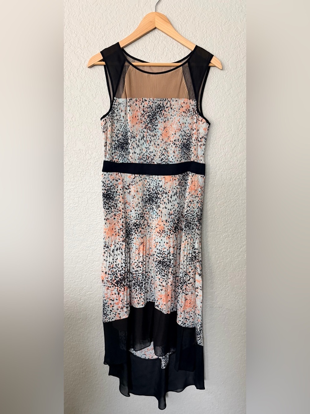 BCBGMaxAzria Alicia accordion hi low Peach, Black and White Pleated Maxi Dress